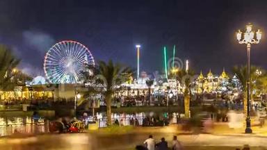 主要广场和湖泊在全球村与人群和<strong>景点</strong>时间推移在迪拜，阿联酋